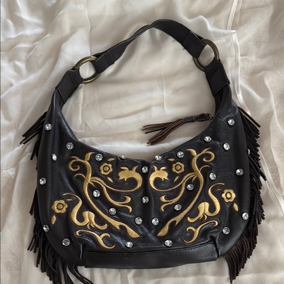 Carlos Falchi Black and Gold Hobo Bag with Fringe - Picture 2 of 5